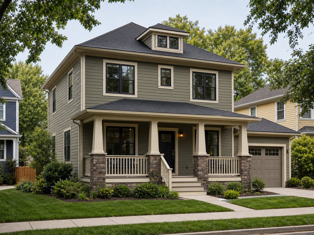 Oak Porch Foursquare 1758, a conceptual 1758-square-foot Craftsman-influenced Foursquare family home with a $258,125 construction target