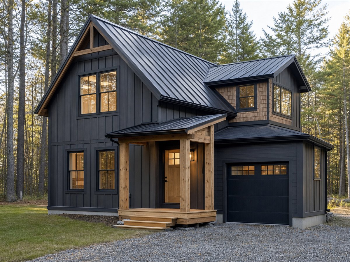 Hemlock Small House 1371, a conceptual 1371-square-foot modern woodland cabin with a $234,625 construction target