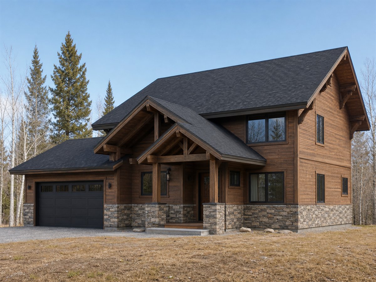 Aspen Ridge Chalet 1802, a conceptual 1802-square-foot restrained Alpine-chalet family home with a $261,875 construction target