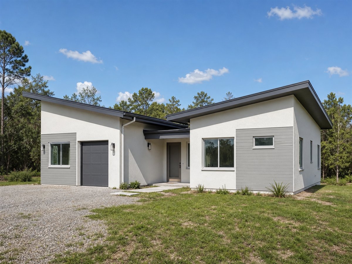 Butterfly Nook 1376, a conceptual 1376-square-foot restrained butterfly-roof cottage with a $238,625 construction target
