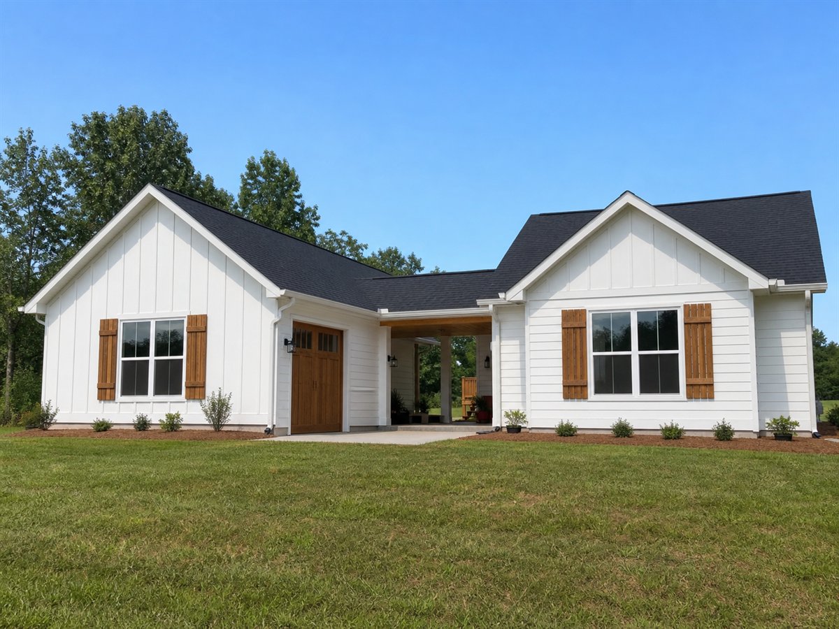 Breezeway Cottage 1377, a conceptual 1377-square-foot dogtrot-inspired small cottage with a $239,625 construction target
