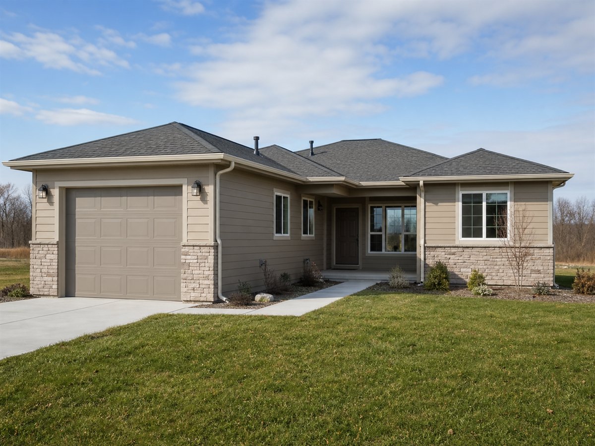 Maple Court Small Ranch 1379, a conceptual 1379-square-foot courtyard-entry small ranch with a $241,625 construction target