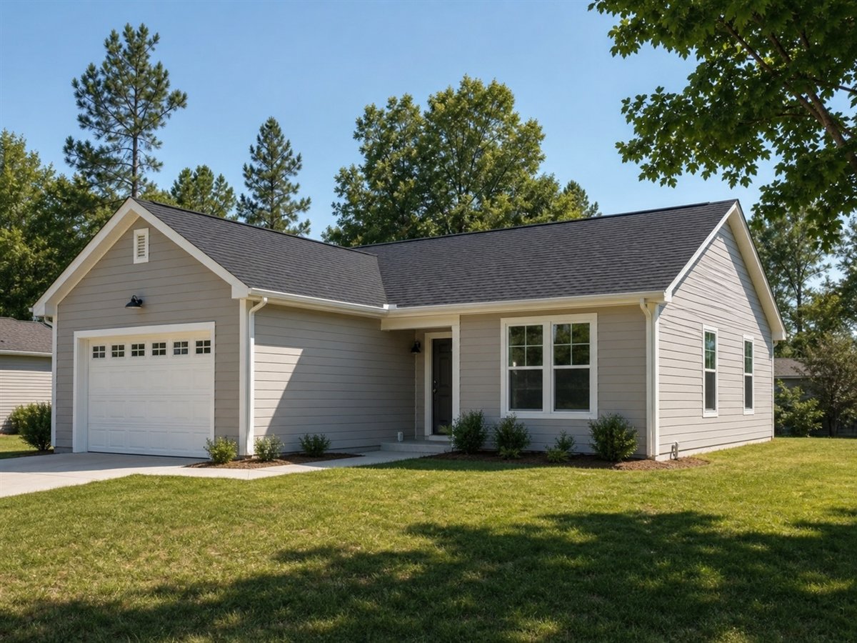 Corner Meadow Ranch 1411, a conceptual 1411-square-foot L-shaped small ranch with a $242,625 construction target