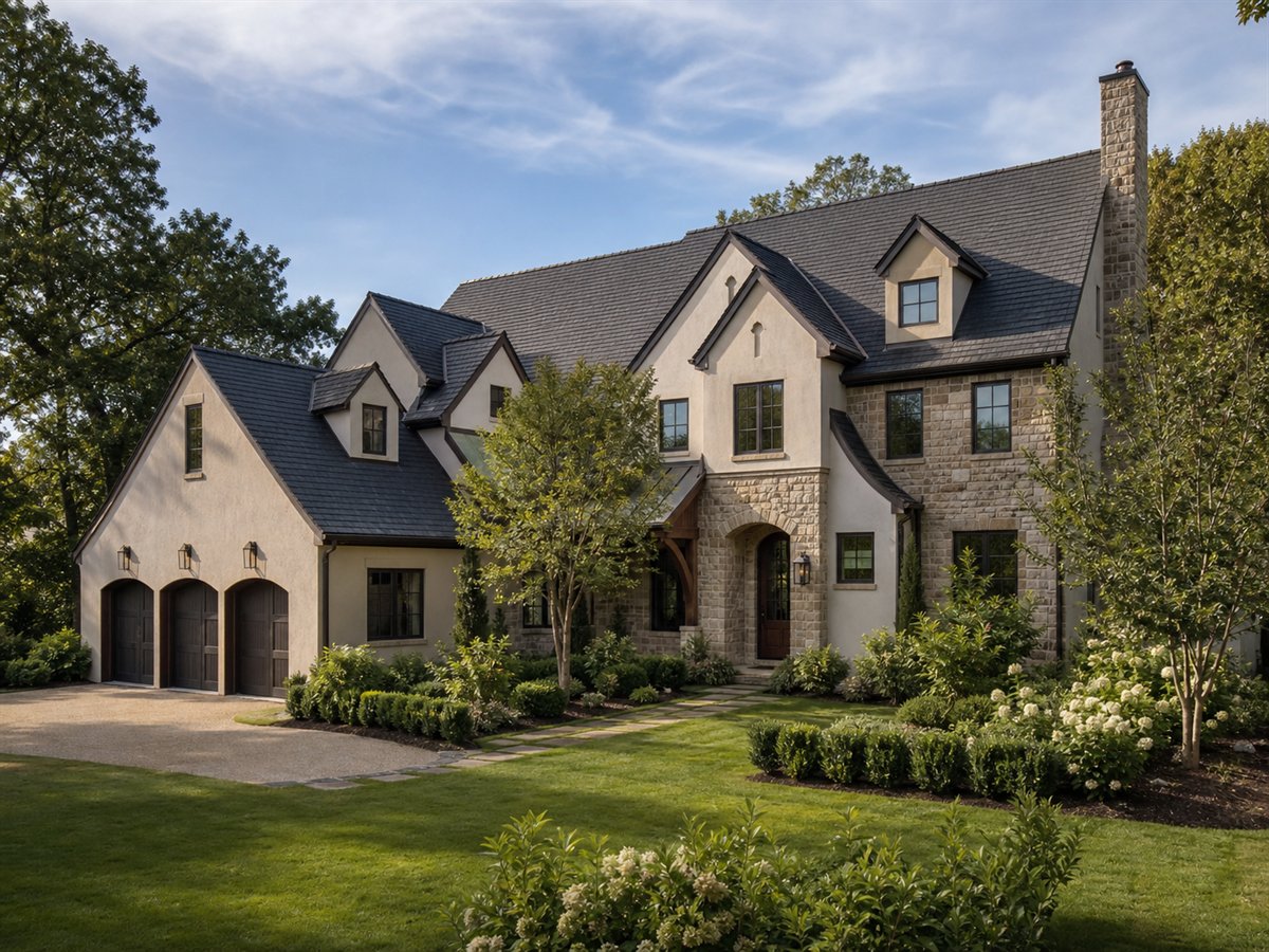 Cotswold House 3559, a conceptual 3559-square-foot English-country custom home with a $816,250 construction target