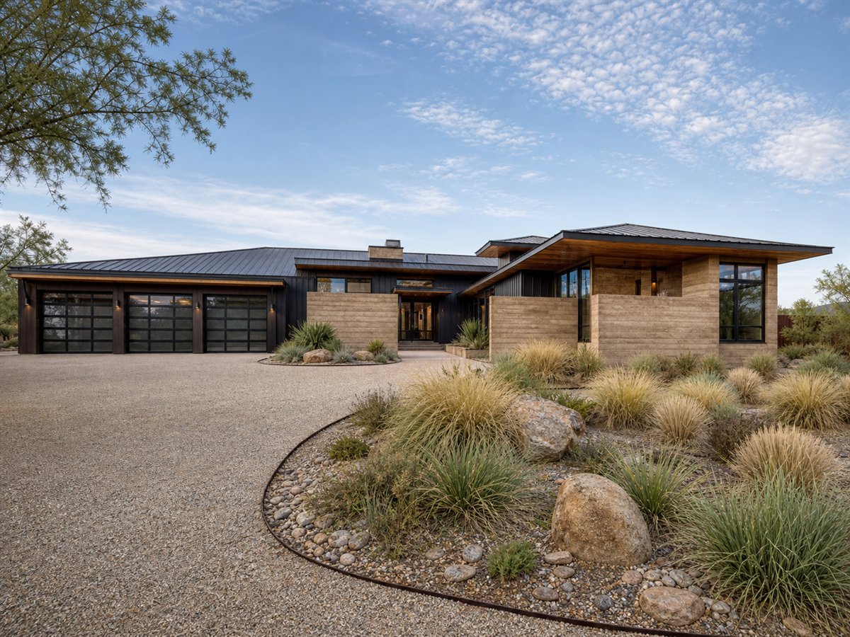 Mesa Earth House 3607, a conceptual 3607-square-foot rammed-earth contemporary custom home with a $831,250 construction target