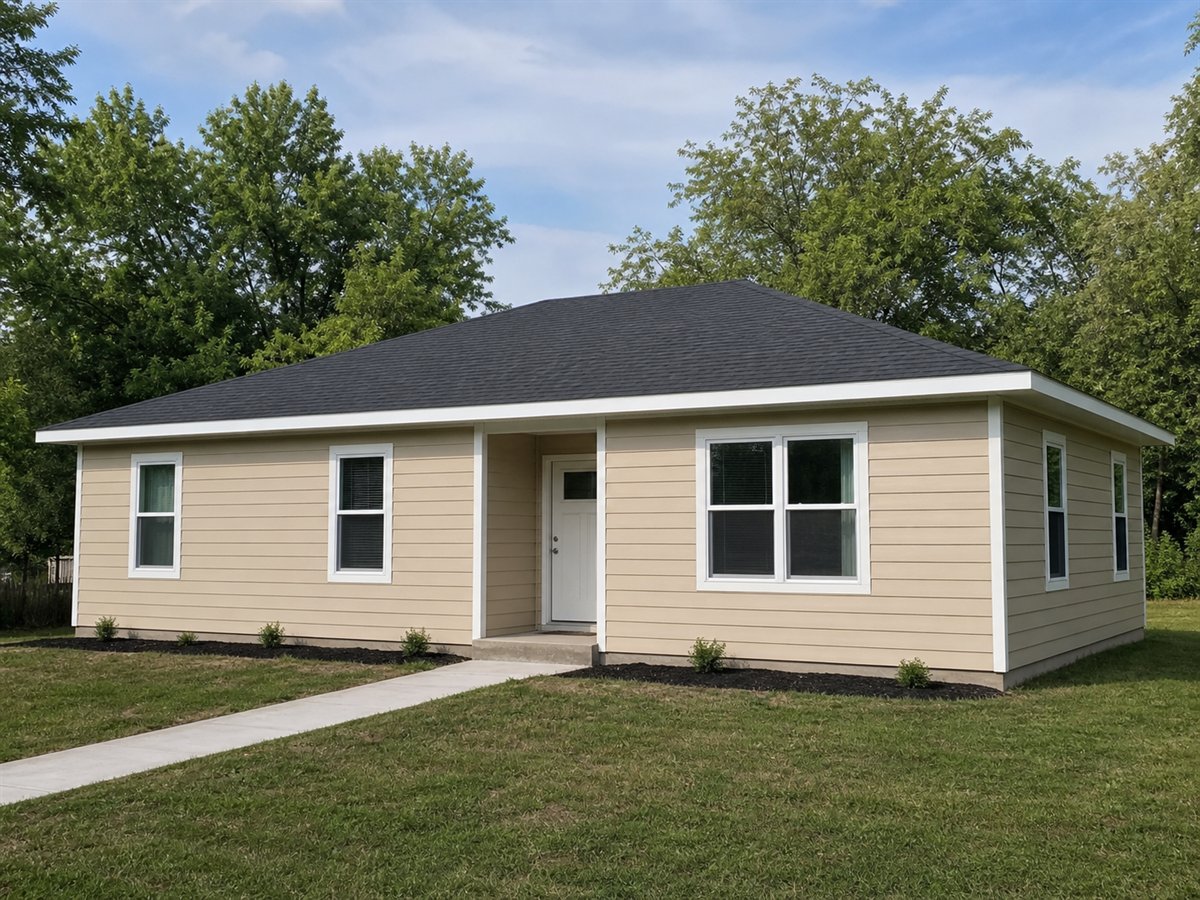 Riverbend Ranch 1450, a conceptual 1450-square-foot simple three-bedroom family ranch with a $245,000 construction target