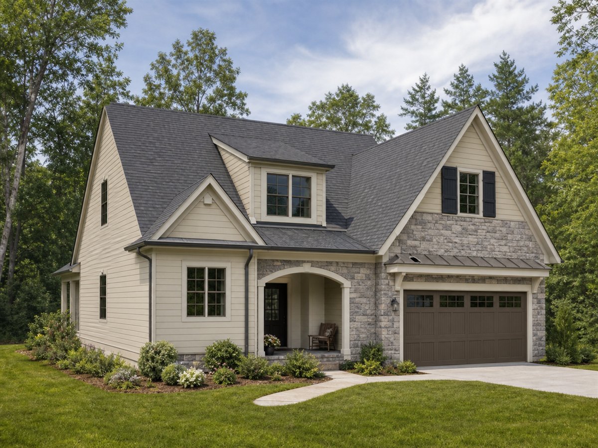 Fieldstone Cottage 1959, a conceptual 1959-square-foot stone-accent family cottage with a $299,375 construction target