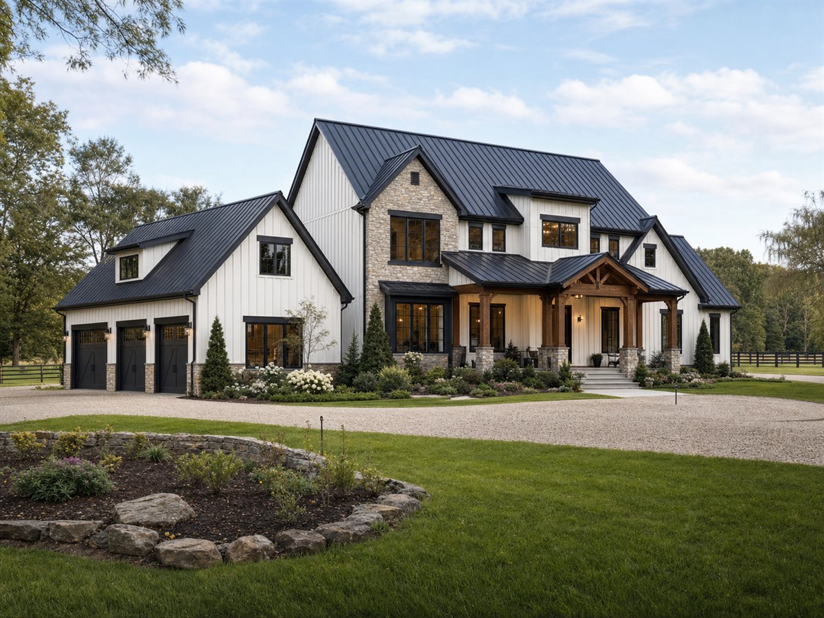 Bridlewood Farmhouse 3727, a conceptual 3727-square-foot equestrian-inspired modern farmhouse with a $868,750 construction target