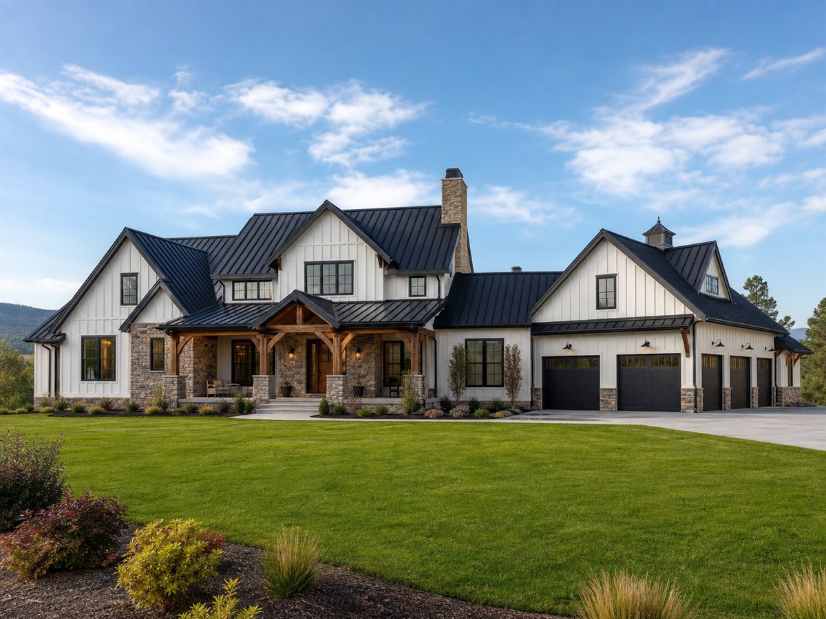 Stonefield Farmhouse 3751, a conceptual 3751-square-foot modern farmhouse estate with a $876,250 construction target