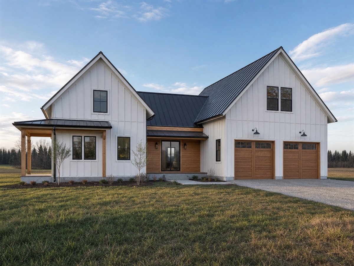 Nordic Field House 2058, a conceptual 2058-square-foot Scandinavian barn-inspired family home with a $318,125 construction target