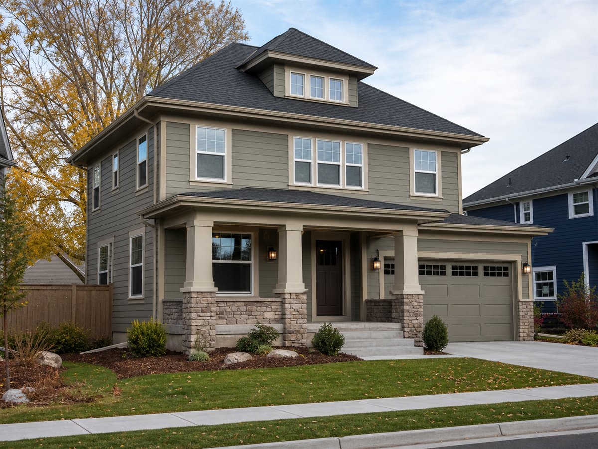 Oak Porch Foursquare 2101, a conceptual 2101-square-foot Craftsman-influenced Foursquare family home with a $320,625 construction target