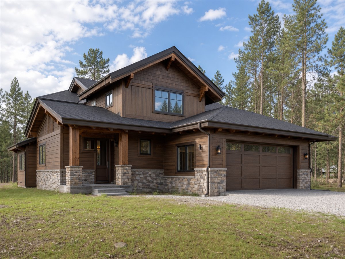 Aspen Ridge Chalet 2104, a conceptual 2104-square-foot restrained Alpine-chalet family home with a $324,375 construction target