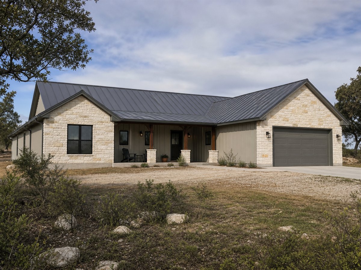 Juniper Hill House 2107, a conceptual 2107-square-foot Texas Hill Country family home with a $326,875 construction target