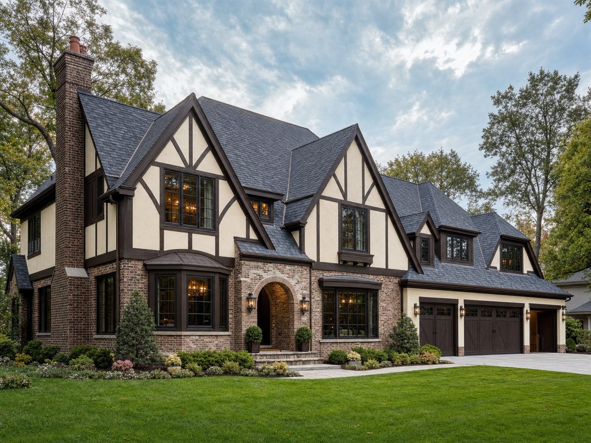 Ashbourne Manor 3839, a conceptual 3839-square-foot Tudor-revival custom home with a $903,750 construction target