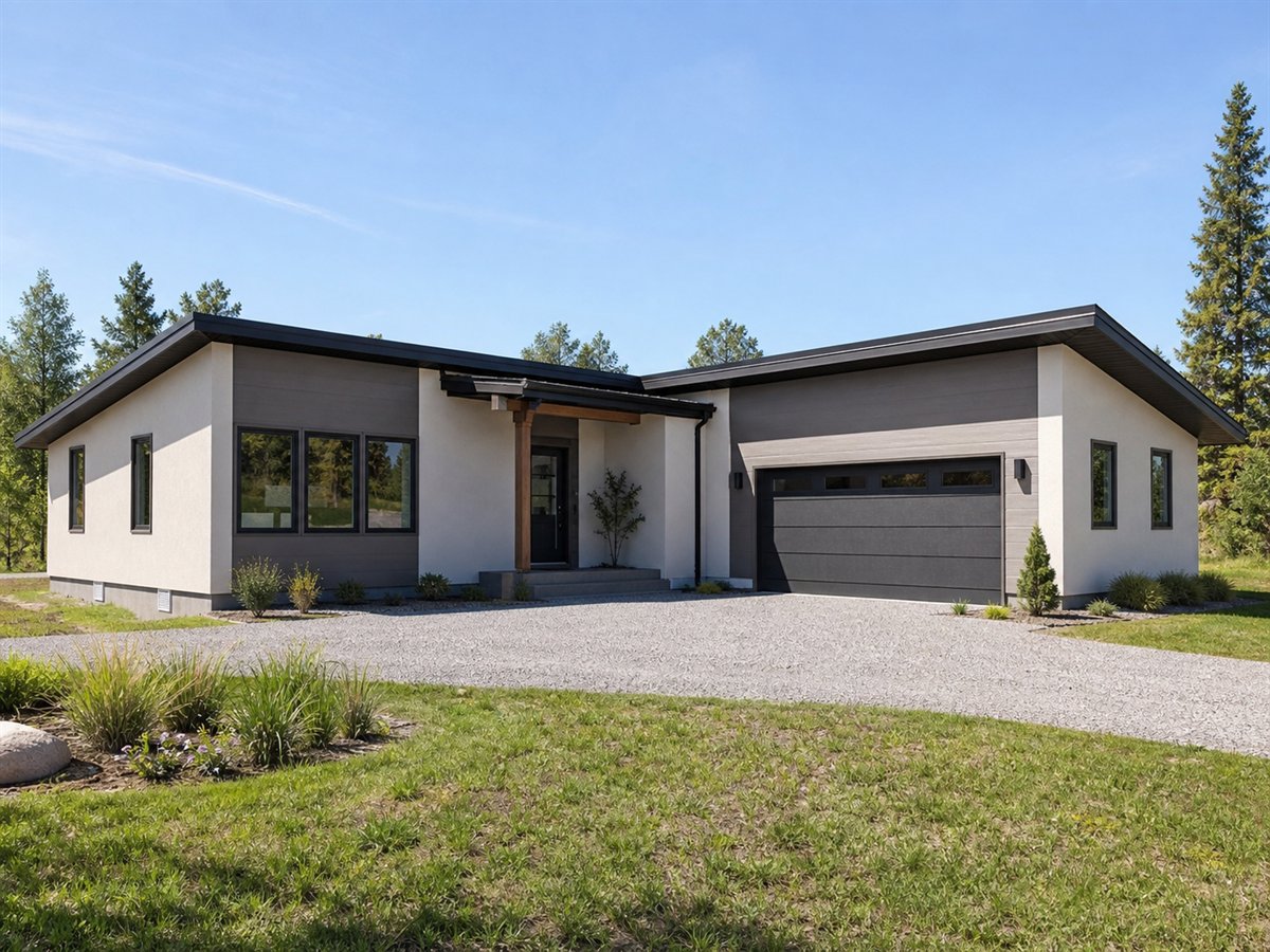 Butterfly Meadow House 2153, a conceptual 2153-square-foot restrained butterfly-roof family home with a $333,125 construction target