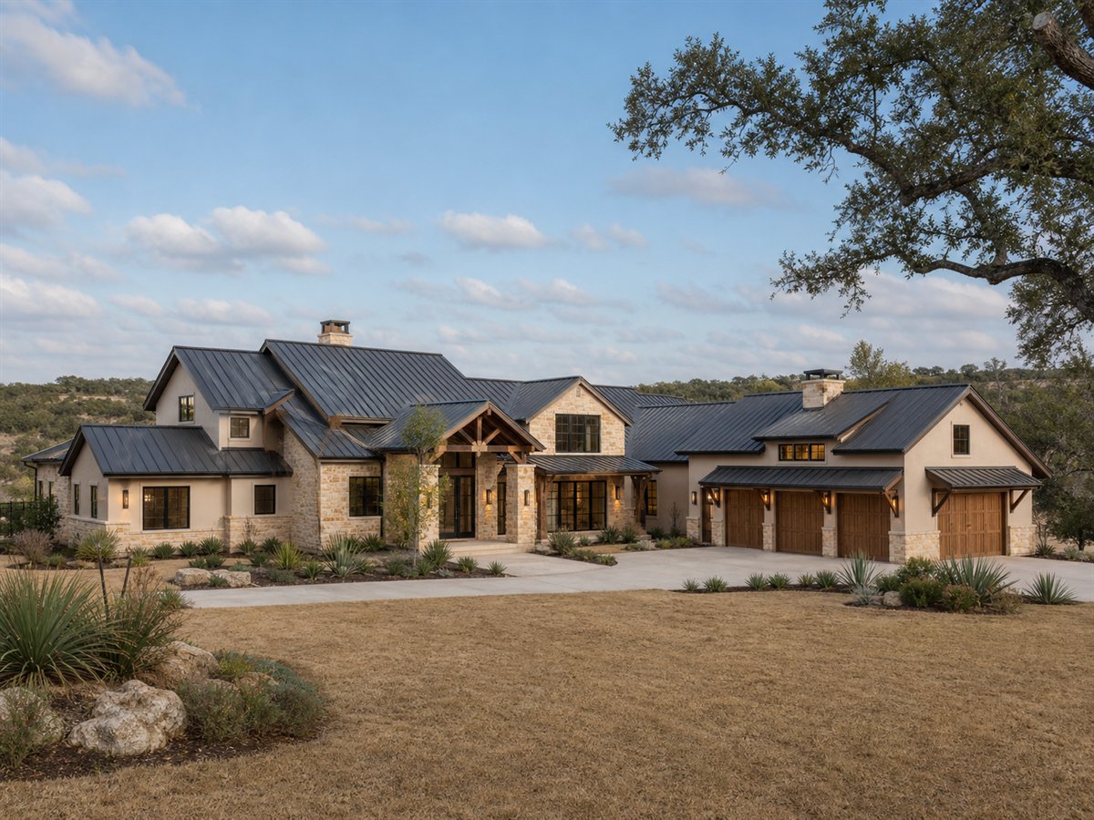 Canyon Oak House 3887, a conceptual 3887-square-foot Texas Hill Country custom home with a $918,750 construction target