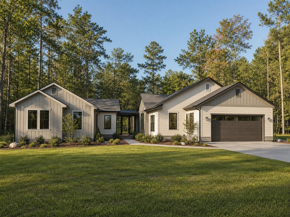 Four Oaks Pod House 2157, a conceptual 2157-square-foot connected-pavilion family home with a $336,875 construction target