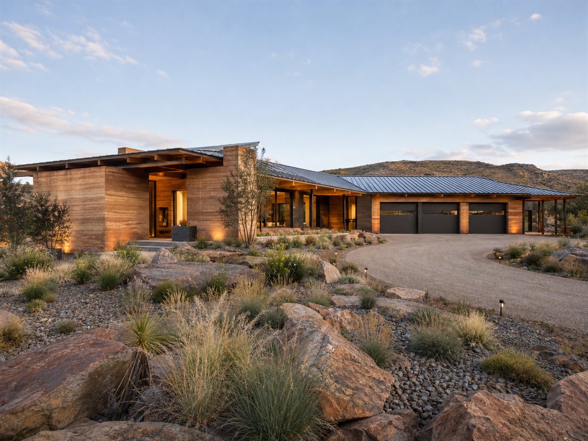 Mesa Earth House 4007, a conceptual 4007-square-foot rammed-earth contemporary custom home with a $956,250 construction target