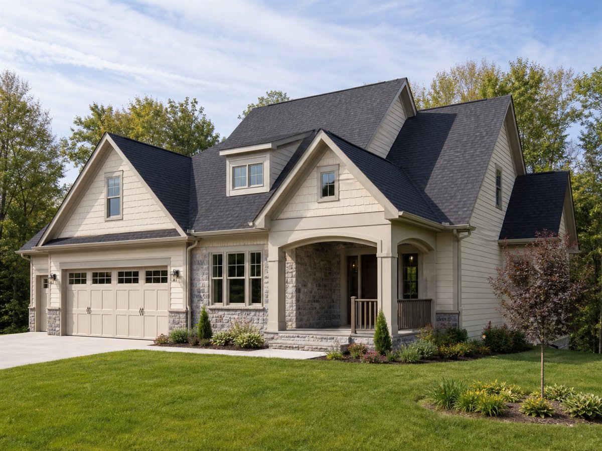 Fieldstone Cottage 2302, a conceptual 2302-square-foot stone-accent family cottage with a $361,875 construction target
