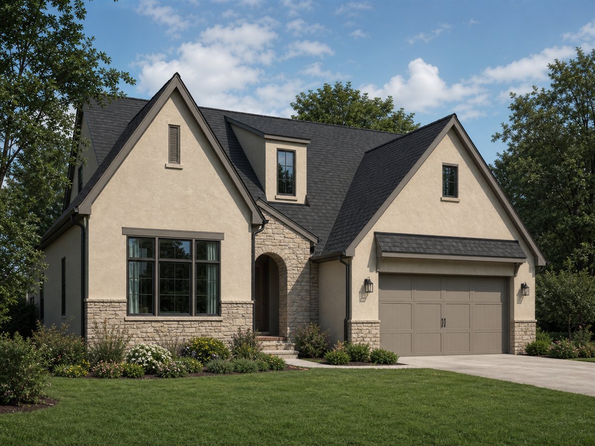 Willowcroft House 2306, a conceptual 2306-square-foot restrained Cotswold-inspired family home with a $365,625 construction target
