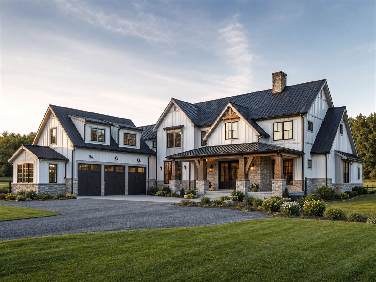 Bridlewood Farmhouse 4127, a conceptual 4127-square-foot equestrian-inspired modern farmhouse with a $993,750 construction target