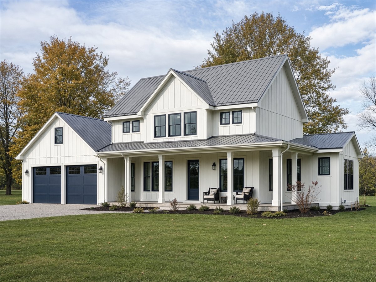 Maple Shore Farmhouse 2353, a conceptual 2353-square-foot Great Lakes modern farmhouse with a $373,125 construction target