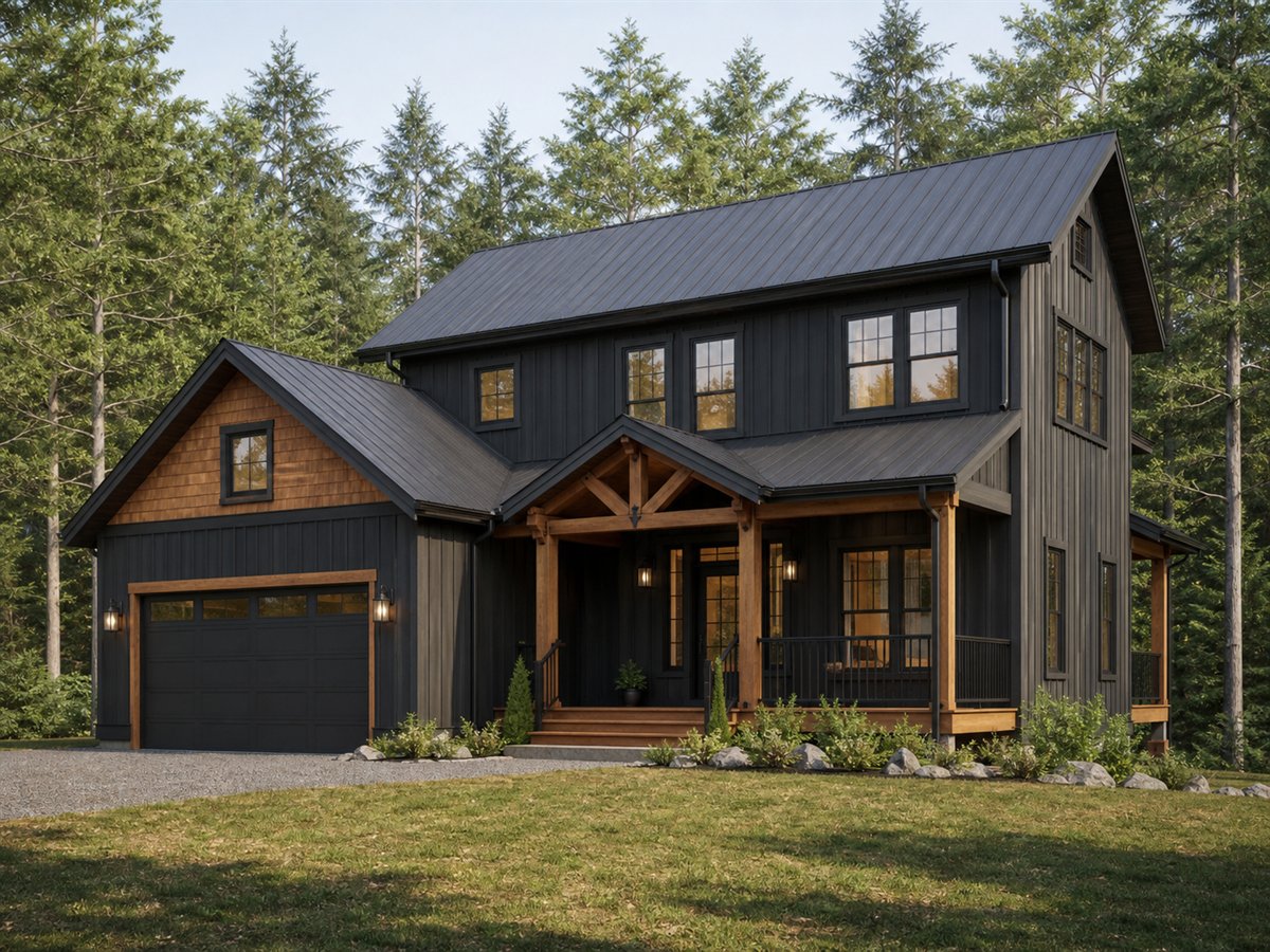 Hemlock Cabin House 2354, a conceptual 2354-square-foot modern woodland cabin family home with a $374,375 construction target