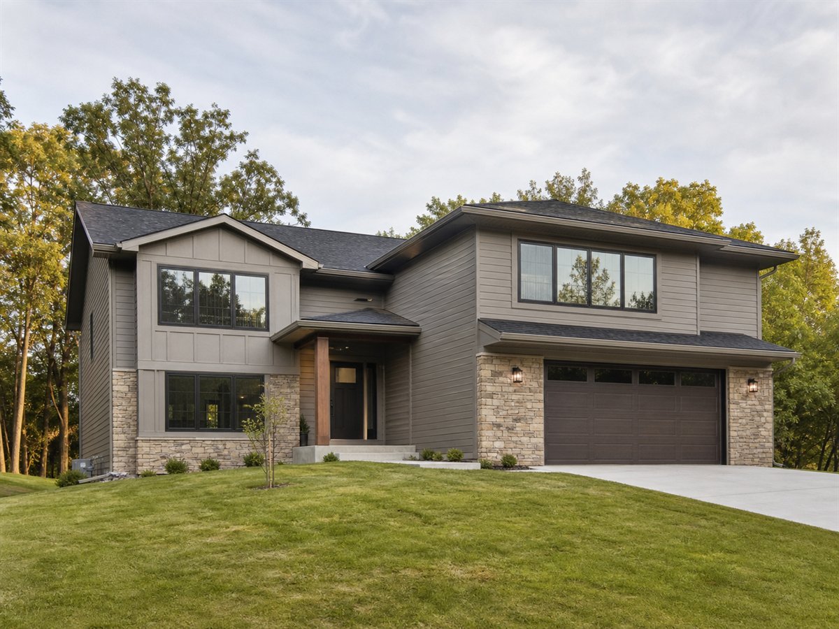 Clearview Split 2358, a conceptual 2358-square-foot contemporary split-level family home with a $378,125 construction target