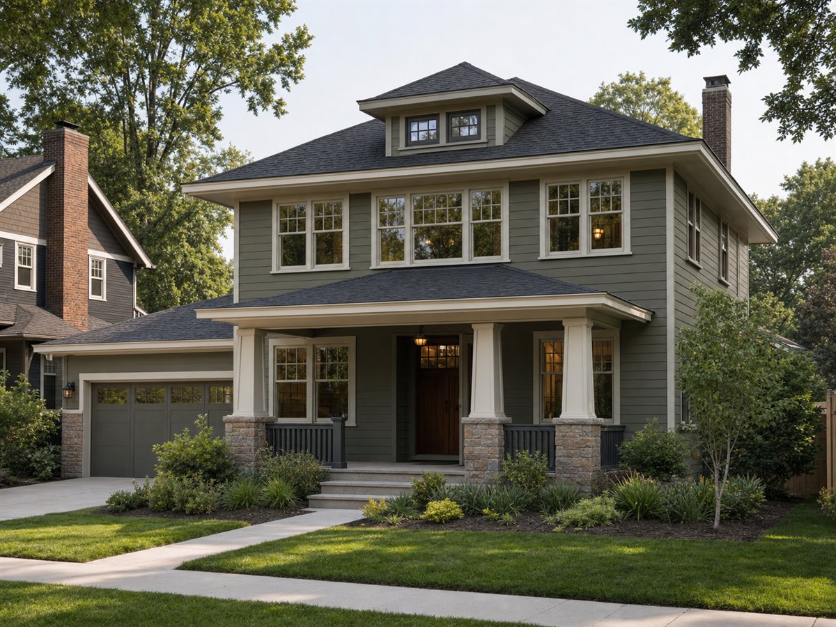 Oak Porch Foursquare 2403, a conceptual 2403-square-foot Craftsman-influenced Foursquare family home with a $383,125 construction target