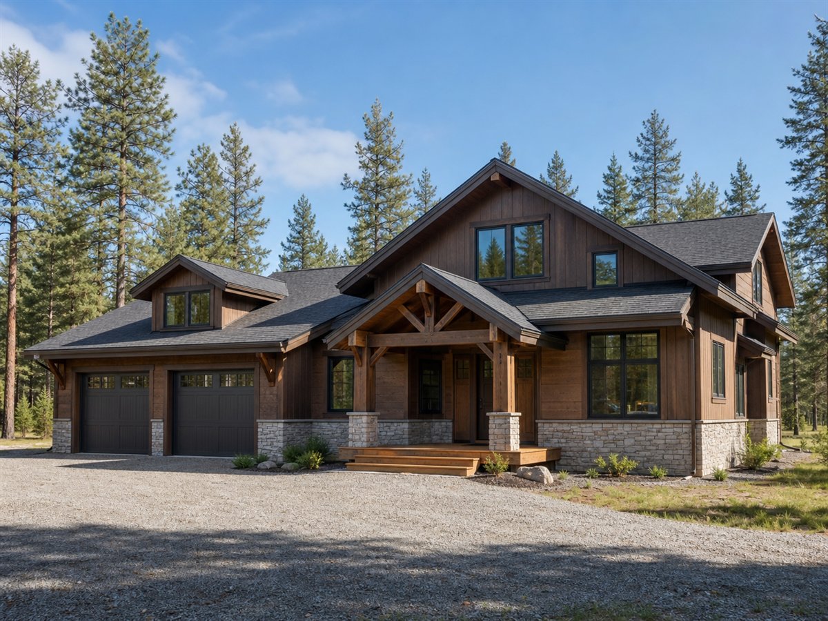Aspen Ridge Chalet 2407, a conceptual 2407-square-foot restrained Alpine-chalet family home with a $386,875 construction target
