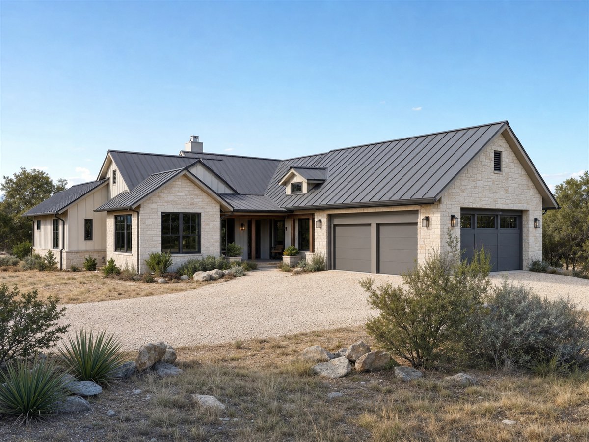 Juniper Hill House 2409, a conceptual 2409-square-foot Texas Hill Country family home with a $389,375 construction target