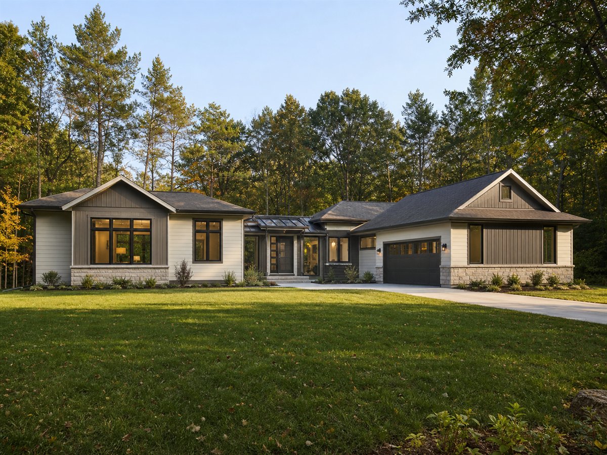 Four Oaks Pod House 2459, a conceptual 2459-square-foot connected-pavilion family home with a $399,375 construction target