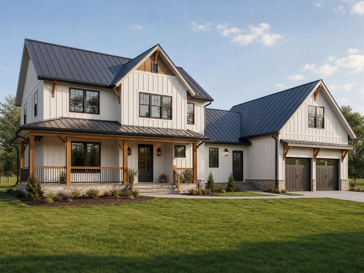 Backlane Farmhouse 2509, a conceptual 2509-square-foot rear-garage modern farmhouse with a $409,375 construction target