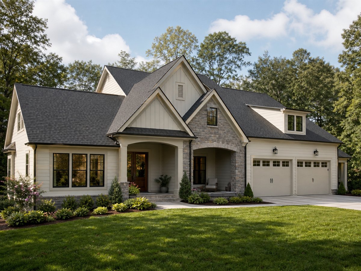 Fieldstone Cottage 2604, a conceptual 2604-square-foot stone-accent family cottage with a $424,375 construction target