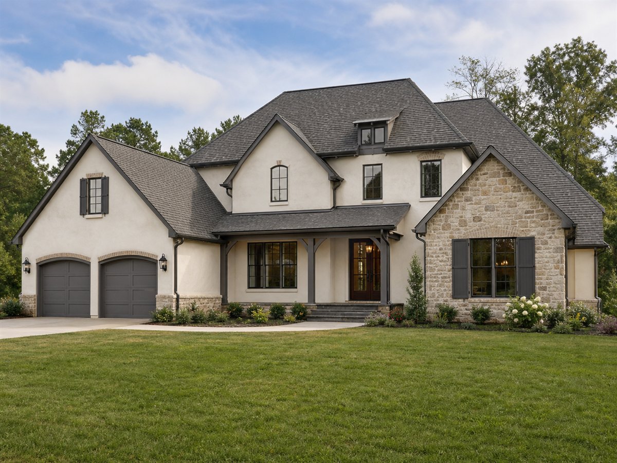 Lavender Field House 2609, a conceptual 2609-square-foot restrained French-country family home with a $429,375 construction target