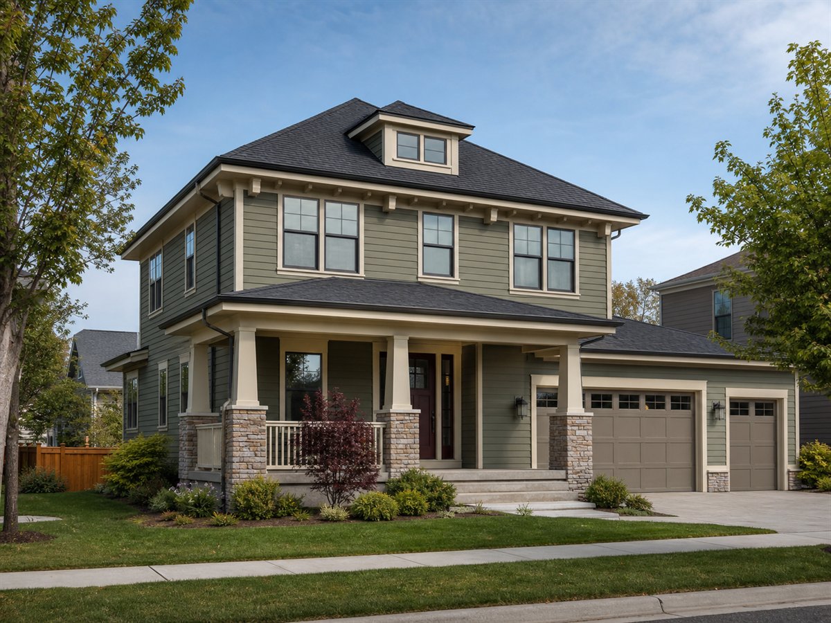 Oak Porch Foursquare 2706, a conceptual 2706-square-foot Craftsman-influenced Foursquare family home with a $445,625 construction target