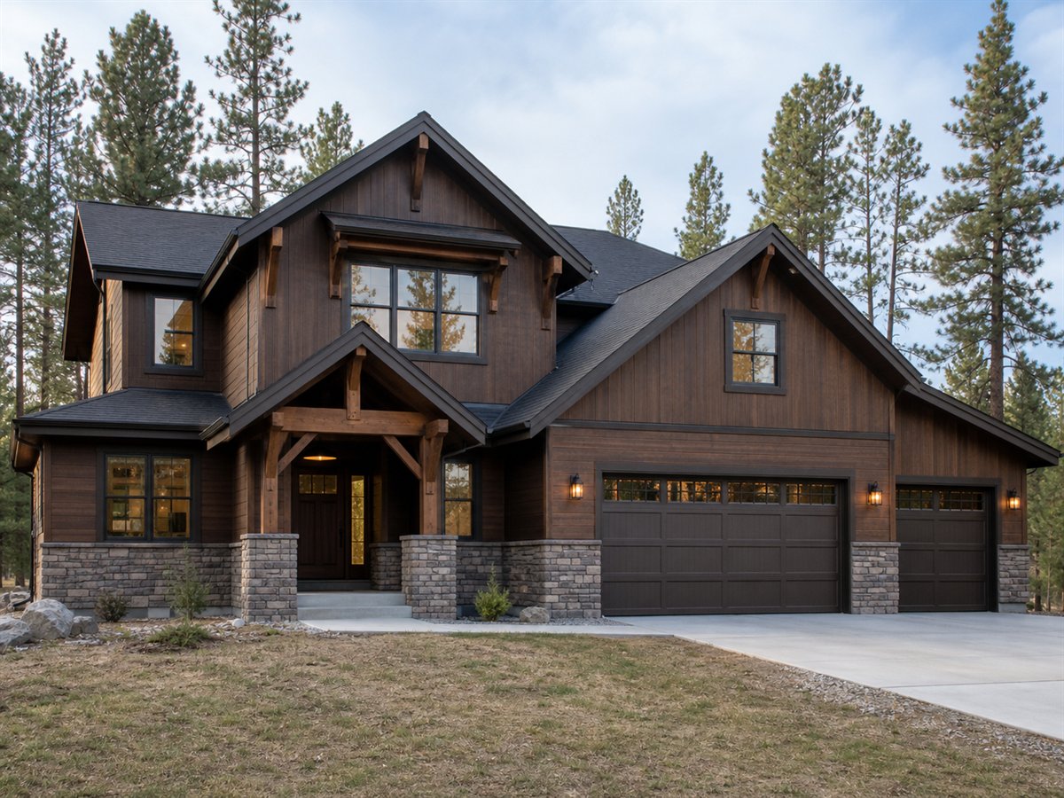 Aspen Ridge Chalet 2709, a conceptual 2709-square-foot restrained Alpine-chalet family home with a $449,375 construction target