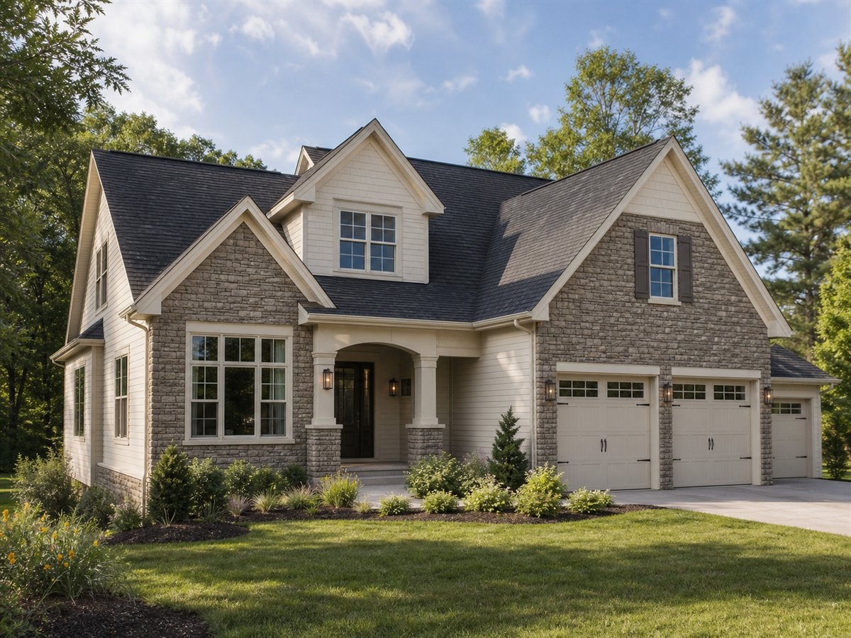 Fieldstone Cottage 2907, a conceptual 2907-square-foot stone-accent family cottage with a $486,875 construction target