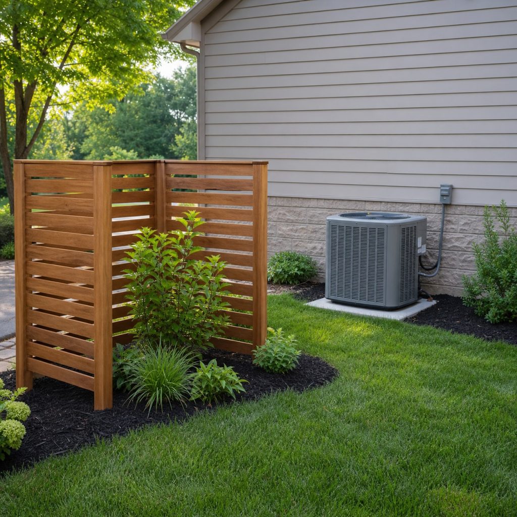Three-sided cedar slat screen standing well away from an outdoor air conditioner