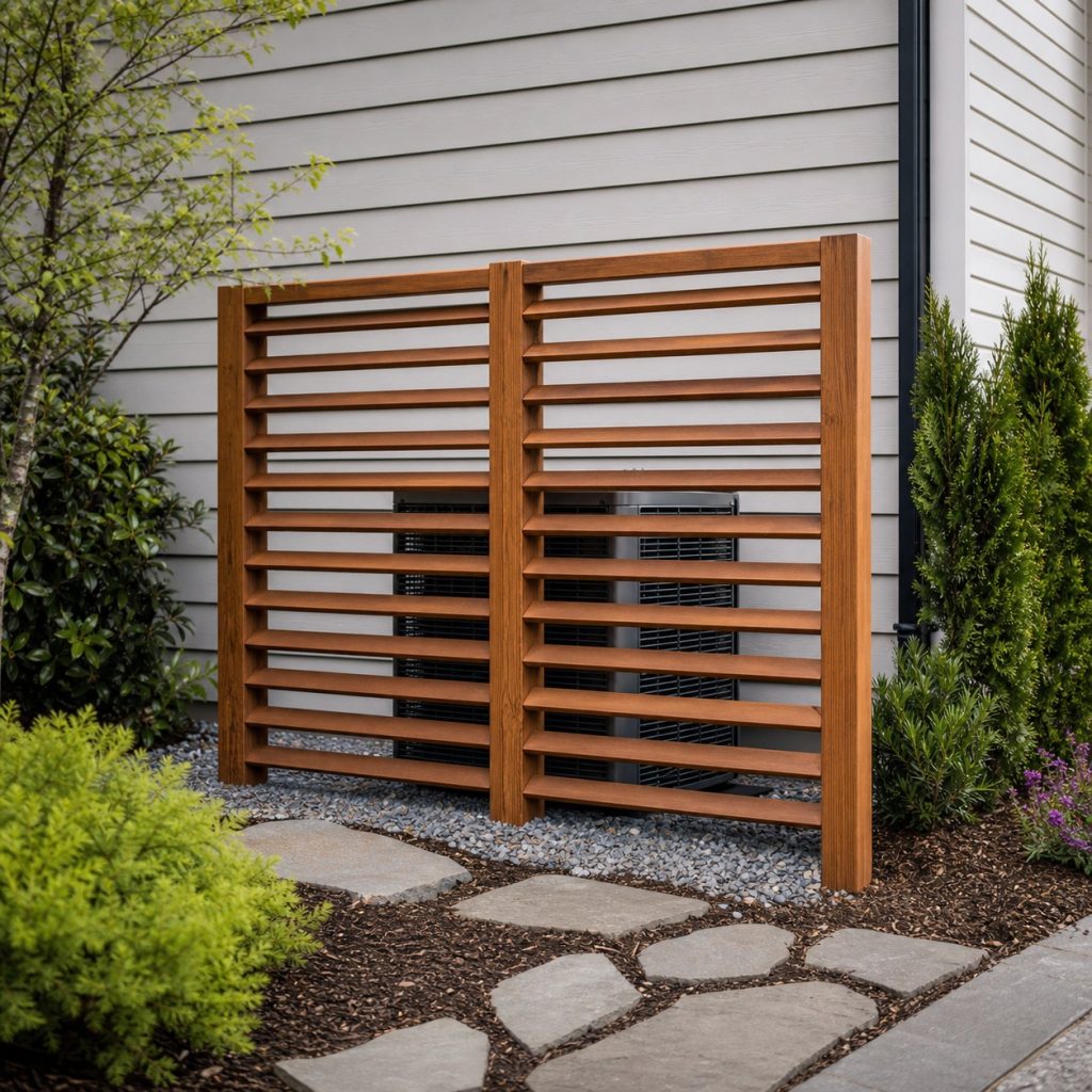 Freestanding vertical louver panels screening a backyard condenser with open airflow