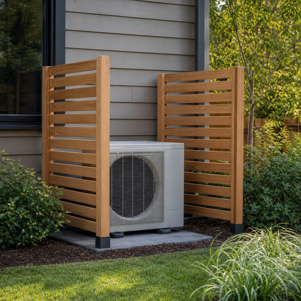 Two removable wooden screen panels beside an outdoor heat-pump condenser