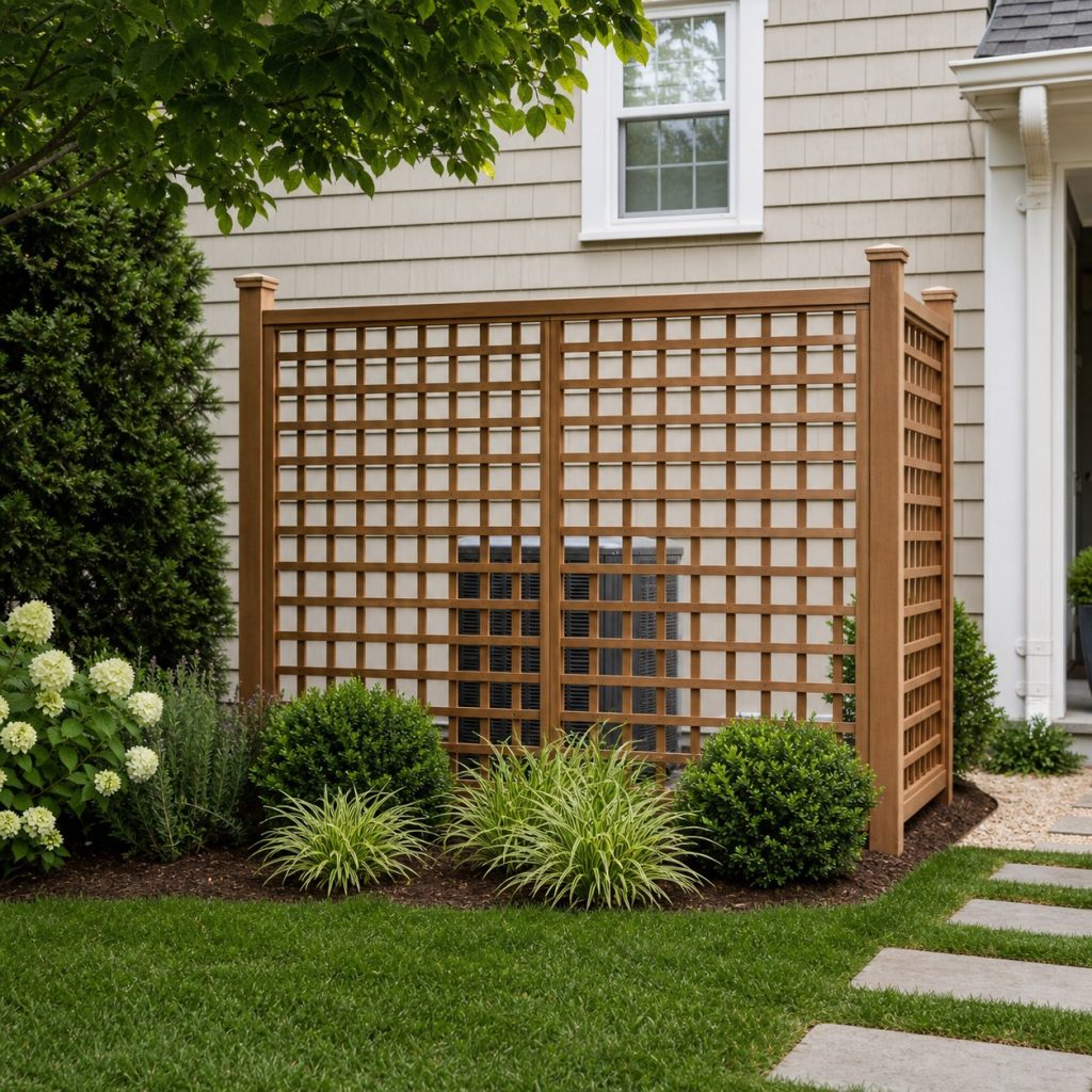Open garden trellis screening an air conditioner from a distance without vines on equipment