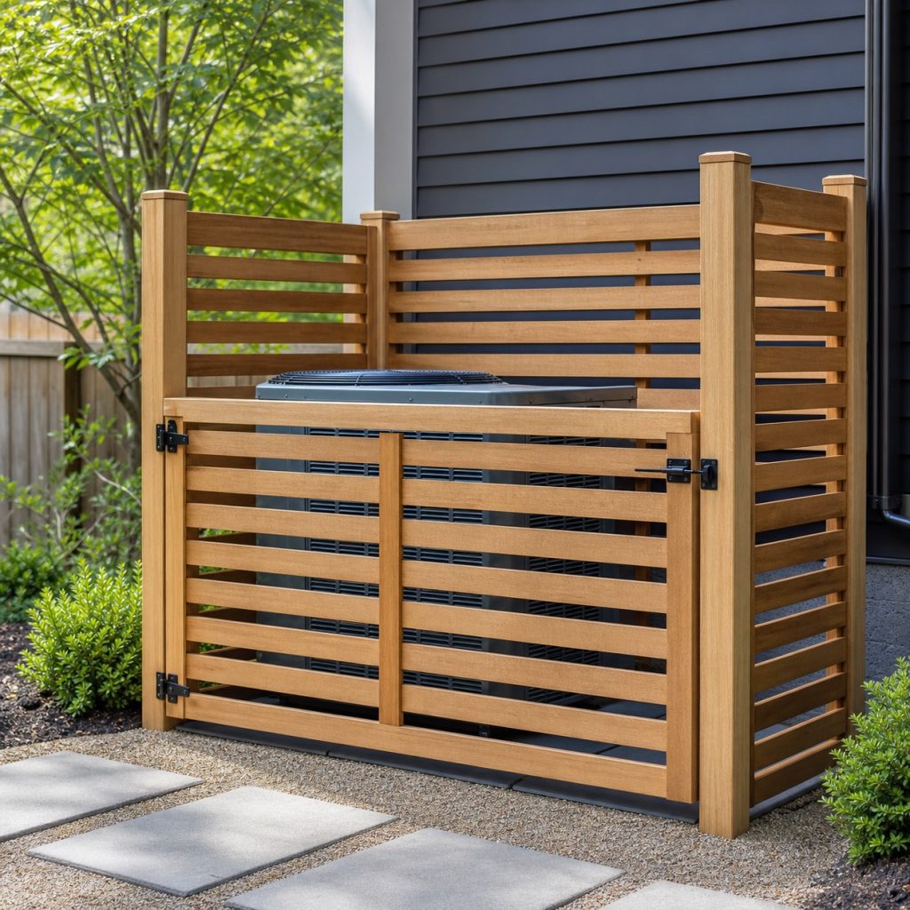 Ventilated corner screen with a full-width access gate near an outdoor condenser
