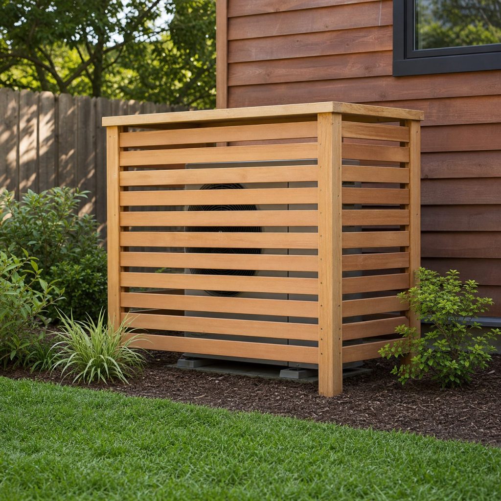 Elevated open slat screen around heat pump with clear ground and top space