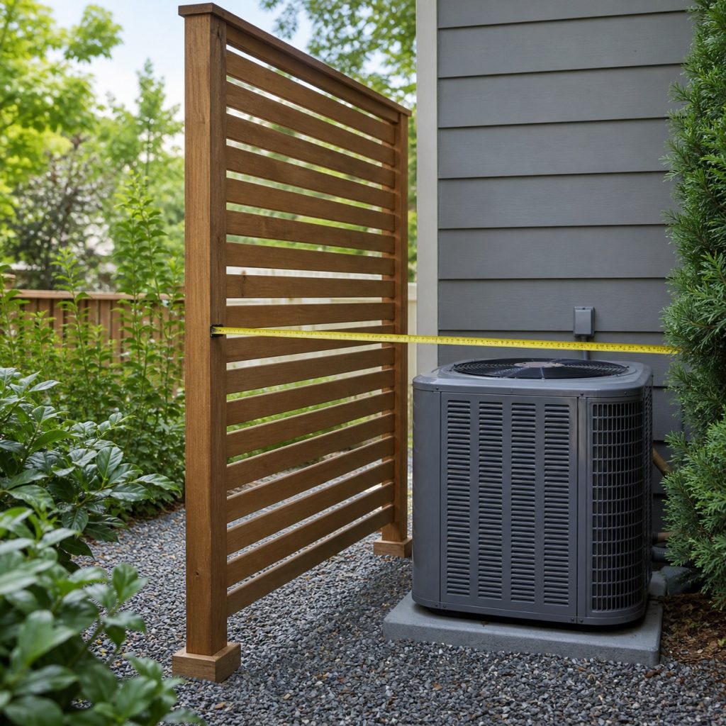 Measuring tape checking wide clearance between wooden screen and AC condenser
