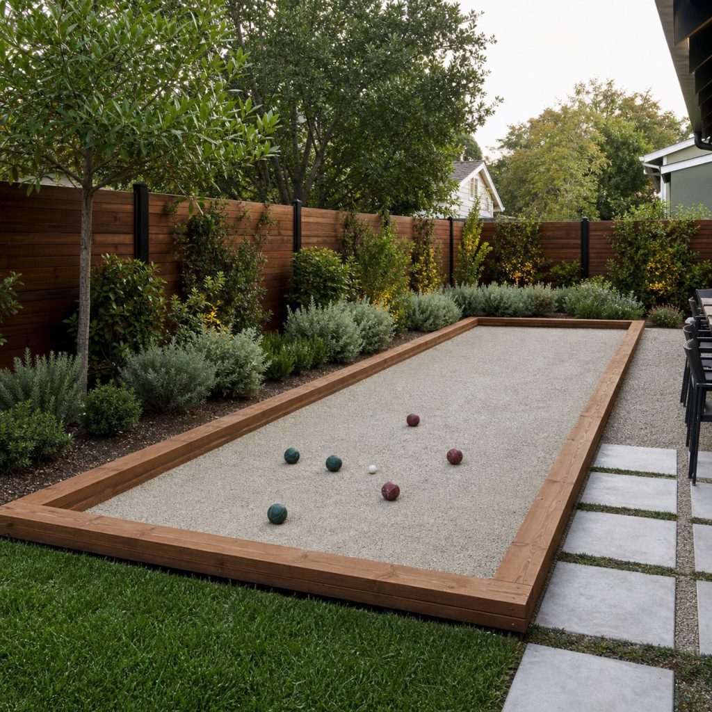 Short compact bocce court fitting a suburban backyard