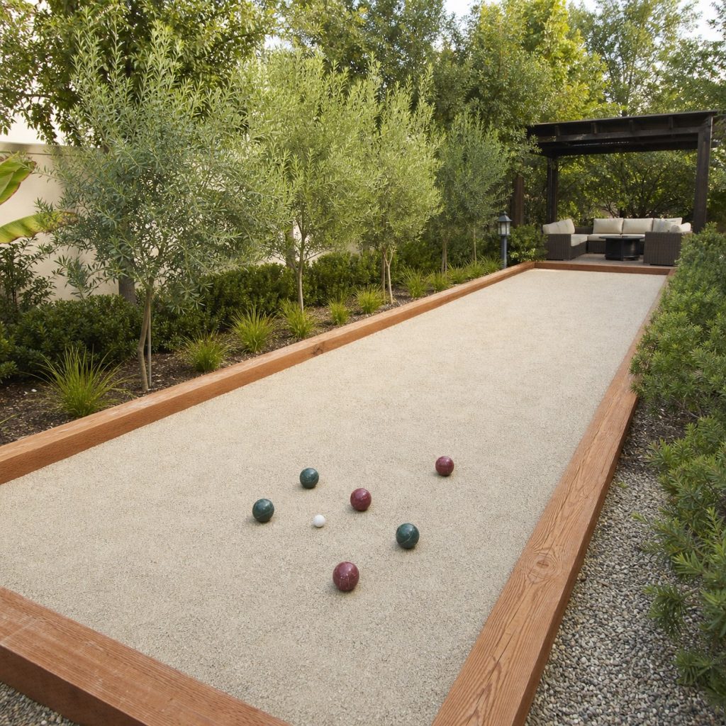 Bocce court with pale compacted top layer and contained gravel base