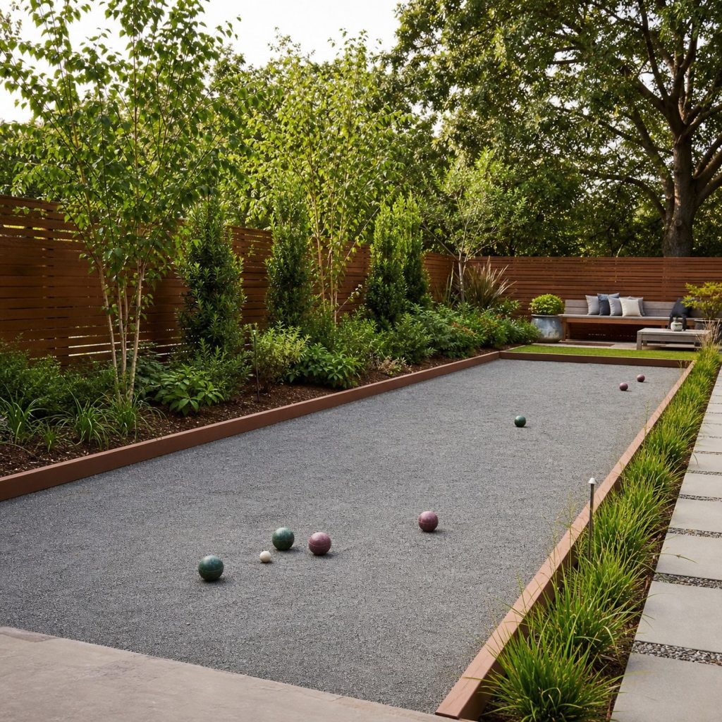 Backyard bocce lane with finely crushed stone playing surface