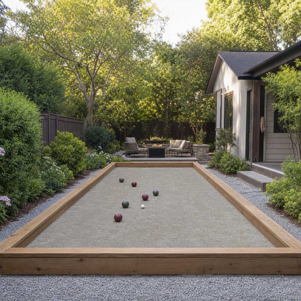 Slightly raised bocce court with sturdy perimeter boards on level ground