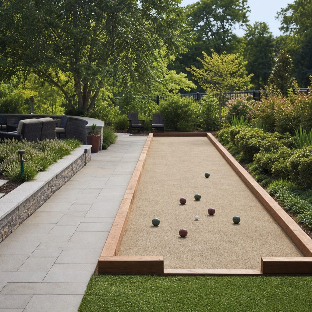 Bocce court with continuous firm side walkway and open end access